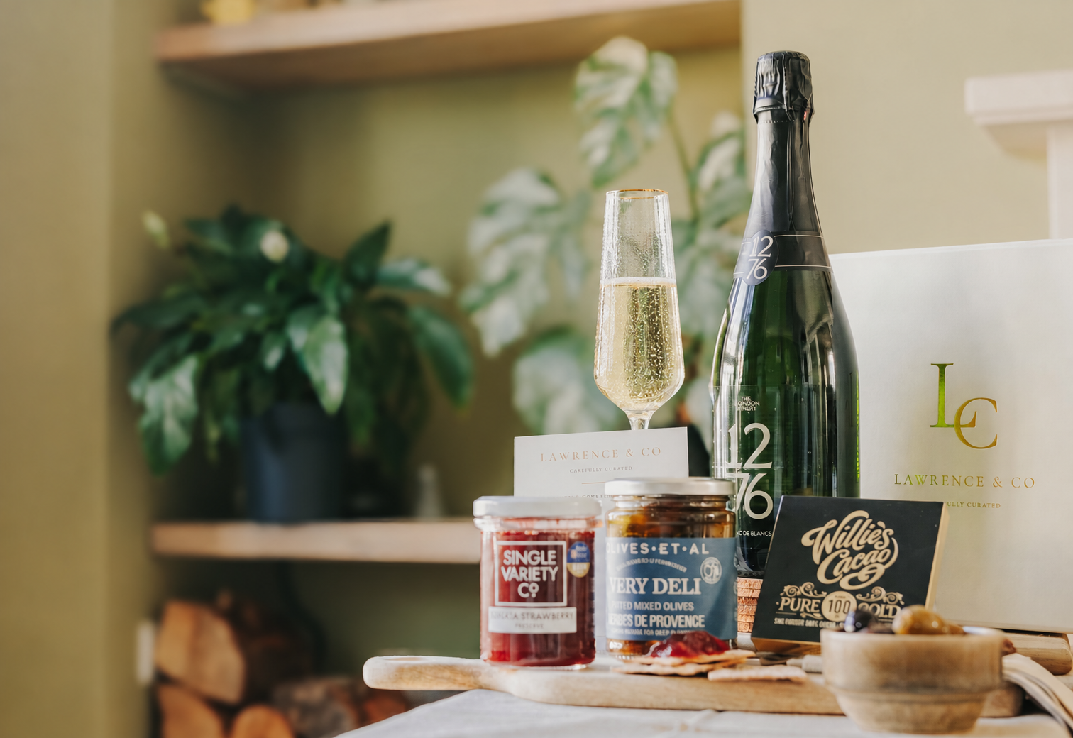 A Lawrence & Co. luxury British food and drink hamper with English wine and artisan treats