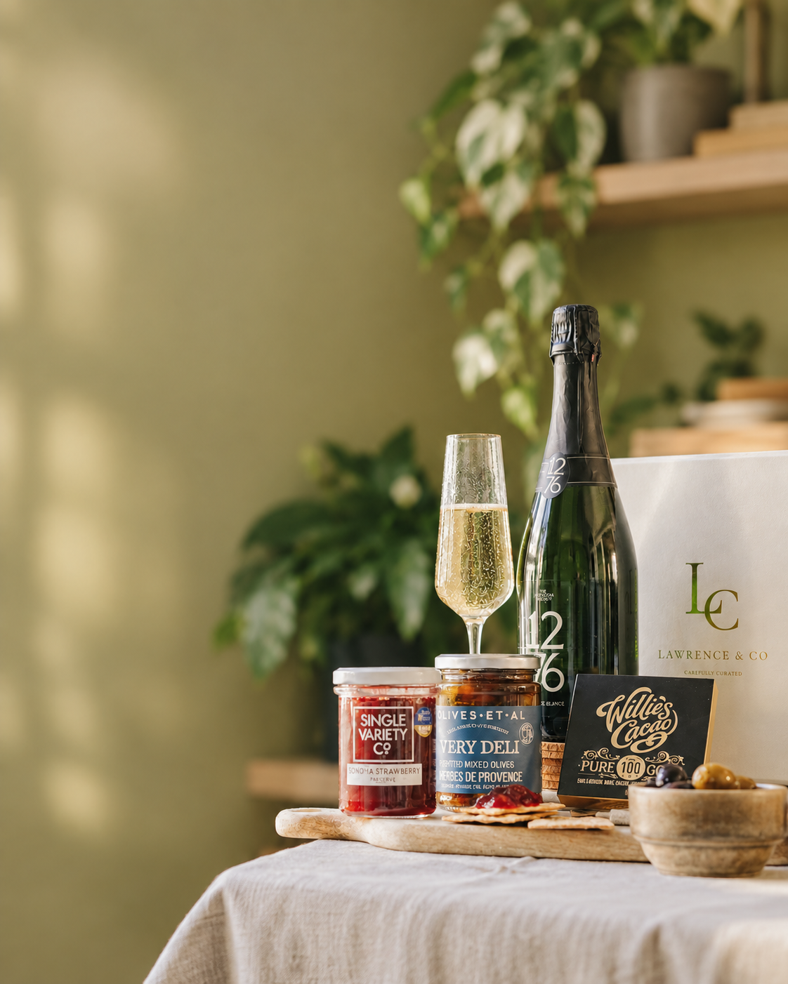 A Lawrence & Co. luxury British food and drink hamper with English wine and artisan treats